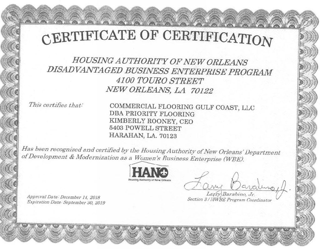 We are now HANO WBE Certified! - Priority Floors